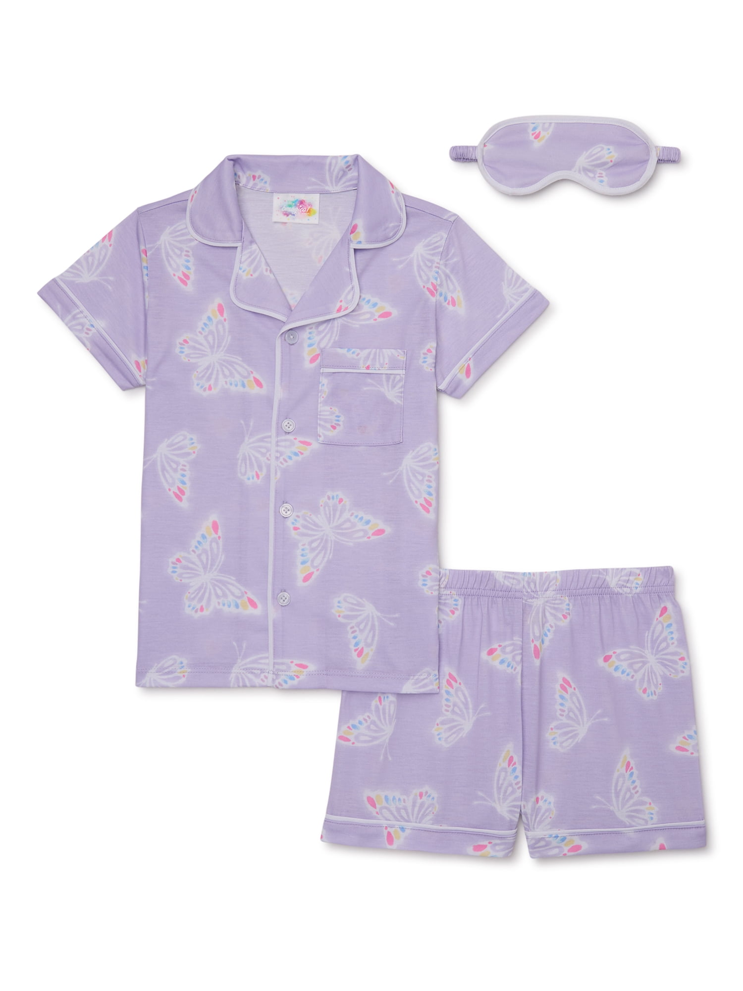 Bmagical Girls Satin Button Front Top, Shorts, and Sleep Mask Pajama