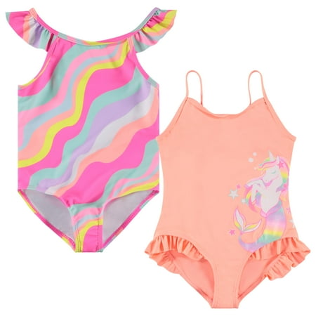 Bmagical Kids Girls 2 pack Bathing Suit, Childrens Printed Beach Swimwear, Wavy,7