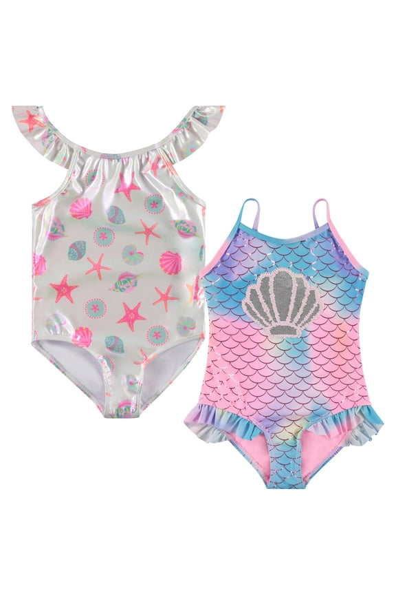 Kids Girls 2 pack Bathing Suit, Childrens Printed Beach Swimwear, Shell,8