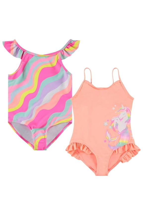 Kids Girls 2 pack Bathing Suit, Childrens Printed Beach Swimwear, Wavy,12