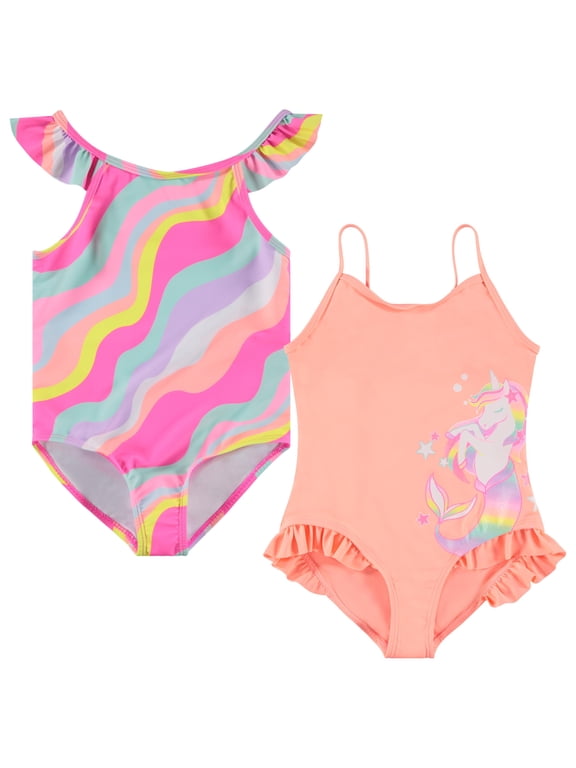 Kids Girls 2 pack Bathing Suit, Childrens Printed Beach Swimwear, Wavy,8