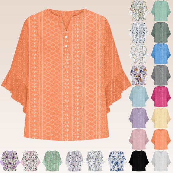 Bmawag Blouses for Women 3/4 Sleeve V-Neck Plus Size Solid Color Ruffle Sleeve Pullover Shirts Women's Trendy Casual Loose Blouses Gifts for Women Orange XL