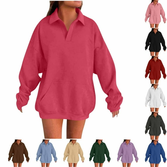 Bmawag Blouses for Women Casual Plus Size Long Sleeve V-NeckSolid Color Pullover Tops Women's Casual Comfortable Loose Sweatshirt with Pocket Beige XXL