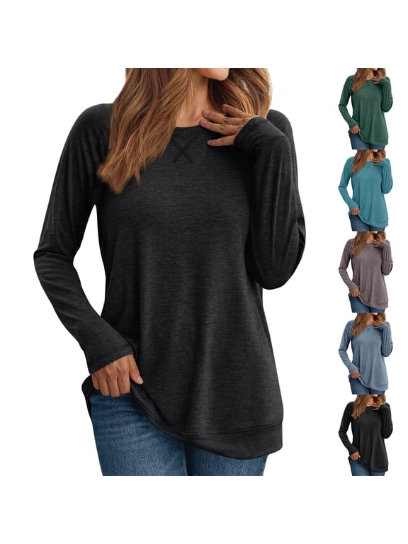Blouses for Women Casual Plus Size Long Sleeve Crew Neck Solid Color Lightweight Pullover Tops Casual Loose Drawstring Sweatshirt Army Green L