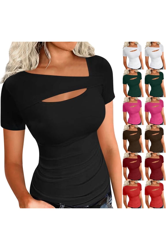 Blouses for Women Casual Short Sleeve Crew Neck Solid Color Lightweight Pullover Tops Casual Loose Drawstring Sweatshirt Black XL