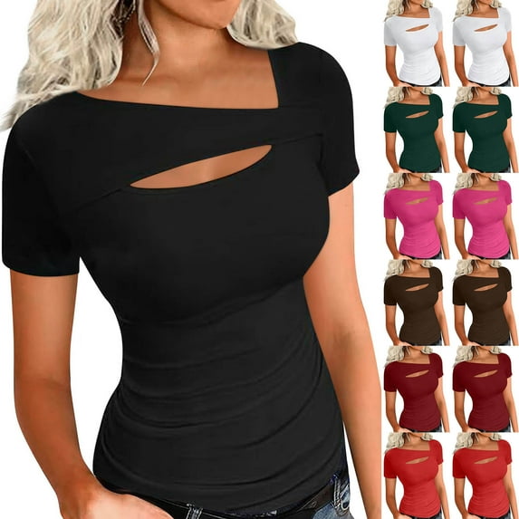 Bmawag Blouses for Women Casual Short Sleeve Crew Neck Solid Color Lightweight Pullover Tops Casual Loose Drawstring Sweatshirt White L