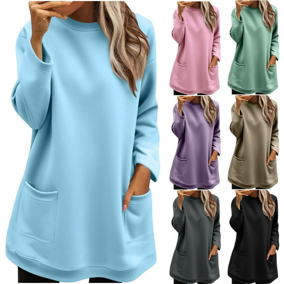 Bmawag Blouses for Women Plus Size with Pockets Long Sleeve Crew Neck Solid Color Pullover Tops Women's Casual Loose Sweatshirt Black L