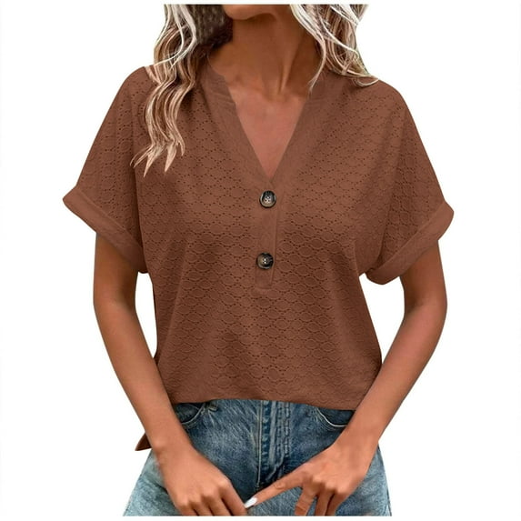 Bmawag Blouses for Women Short Sleeve V-Neck Solid Color Plus Size Button Up Pullover Shirts Women's Trendy Casual Loose Blouses Gifts for Women M