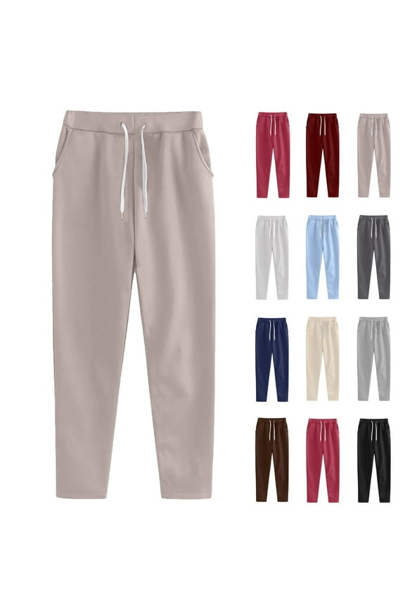 Under $8 Sweatpants For Women Plus Size Winter Solid Color Elastic Waist Warm Pants Athletic Jogger Drawstring Lace-Up Trousers with Pockets on Clearance Khaki L