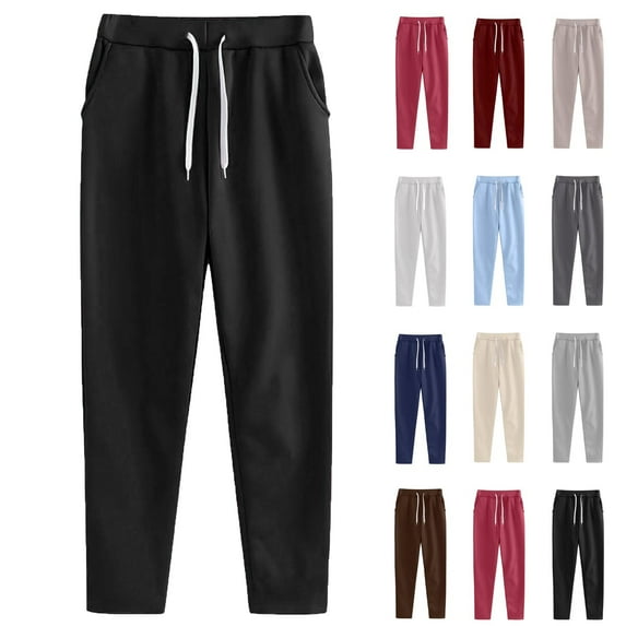 Under $8 Sweatpants For Women Plus Size Winter Solid Color Elastic Waist Warm Pants Athletic Jogger Drawstring Lace-Up Trousers with Pockets Black XL