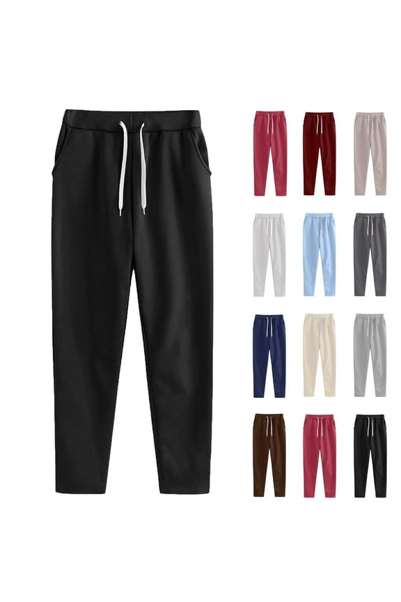 Under $8 Sweatpants For Women Plus Size Winter Solid Color Elastic Waist Warm Pants Athletic Jogger Drawstring Lace-Up Trousers with Pockets Black XXXL