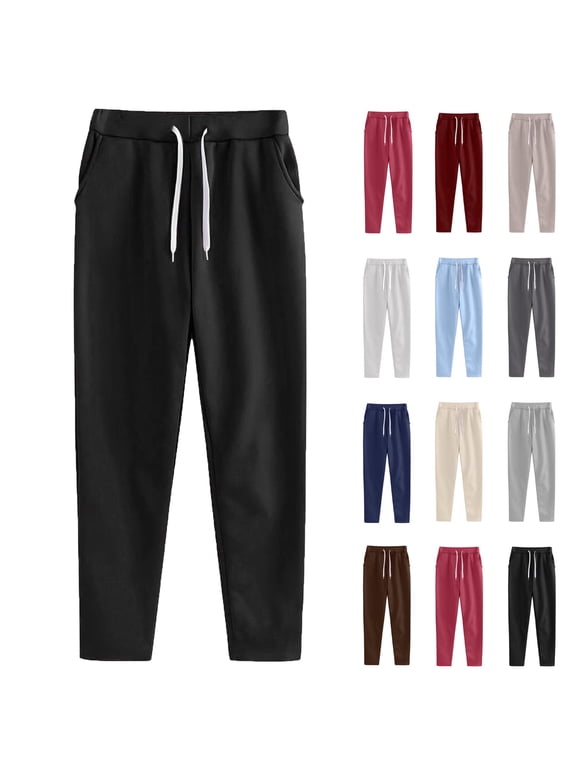 Under $8 Sweatpants For Women Plus Size Winter Solid Color Elastic Waist Warm Pants Athletic Jogger Drawstring Lace-Up Trousers with Pockets Black XXXL