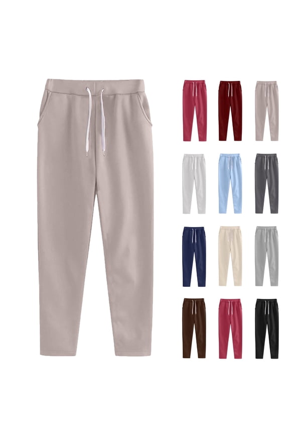 Under $8 Sweatpants For Women Plus Size Winter Solid Color Elastic Waist Warm Pants Athletic Jogger Drawstring Lace-Up Trousers with Pockets Khaki XL