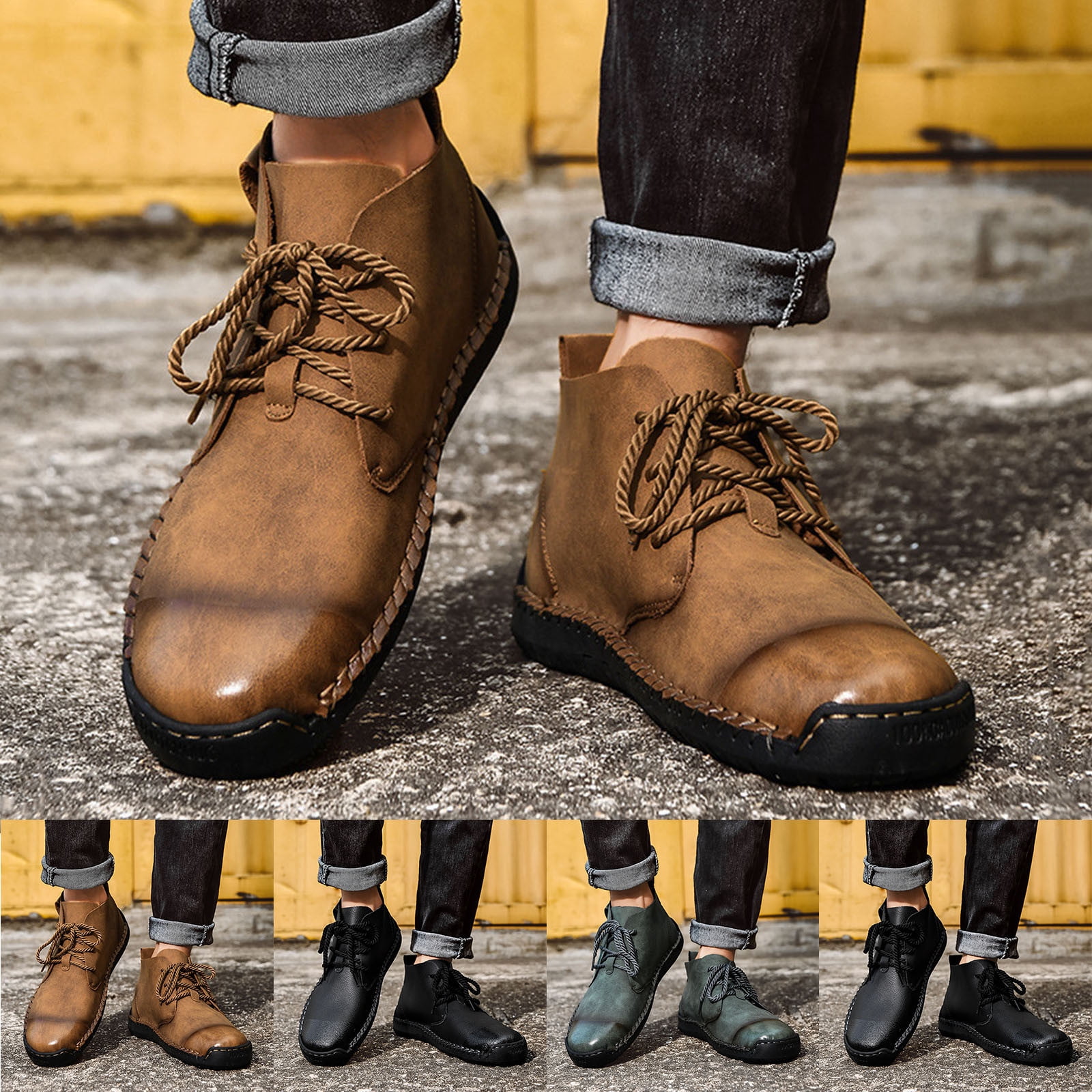 Dress Casual Boots For Men 2026.Bmawag Casual Boots for Men Round Toe Flat Heels Lace-Up Mid Calf Ankle ...