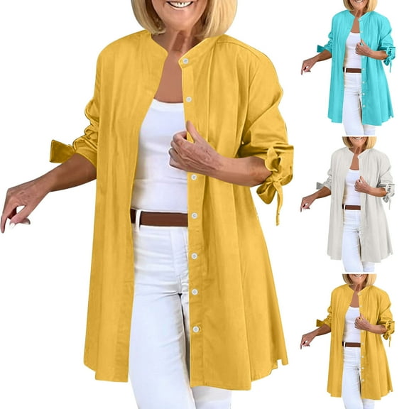 Bmawag Casual Cardigan Tops for Women Plus Size Casual Loose Solid Color Long Sleeve Shirt Loose Lapel Shirt Blouse L