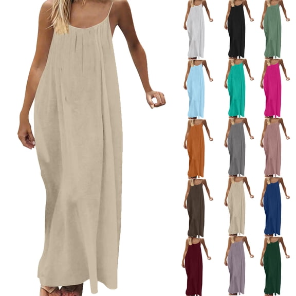Bmawag Dresses for Women Fashion Plus Size Crew Neck Solid Color Sleeveless Summer Beach Maxi Dress