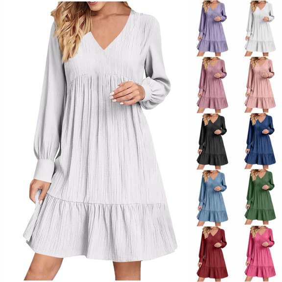 Bmawag Dresses for Women 2025 Boho Fashion Plus Size V-Neck Summer Dress Solid Long Dress Long Sleeve Pleated Midi Dress White M