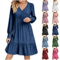thumbnail image 1 of Bmawag Dresses for Women 2025 Boho Fashion Plus Size V-Neck Summer Dress Solid Long Dress Long Sleeve Pleated Midi Dress Dark Blue S, 1 of 7
