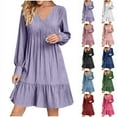 thumbnail image 1 of Bmawag Dresses for Women 2025 Boho Fashion Plus Size V-Neck Summer Dress Solid Long Dress Long Sleeve Pleated Midi Dress Purple L, 1 of 7