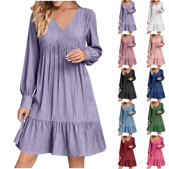 Bmawag Dresses for Women 2025 Boho Fashion Plus Size V-Neck Summer Dress Solid Long Dress Long Sleeve Pleated Midi Dress Purple S
