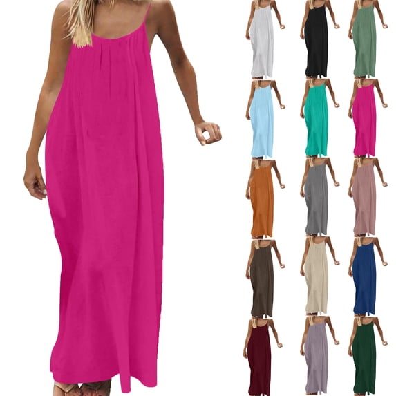 Bmawag Dresses for Women Fashion Plus Size Crew Neck Solid Color Sleeveless Summer Beach Maxi Dress