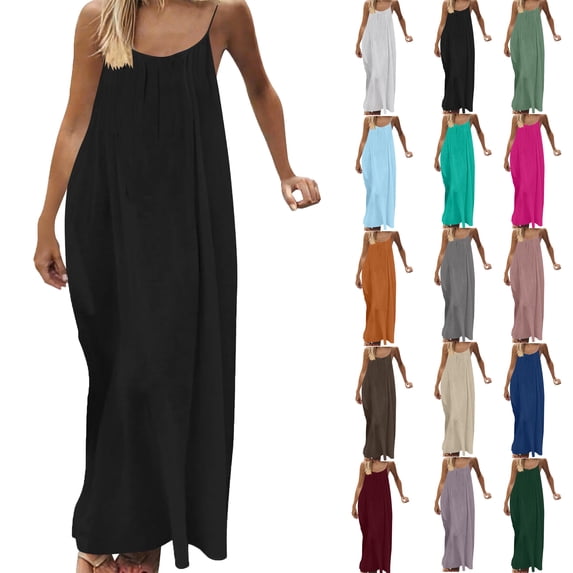 Bmawag Dresses for Women Fashion Plus Size Crew Neck Solid Color Sleeveless Summer Beach Maxi Dress