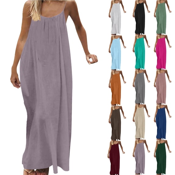 Bmawag Dresses for Women Fashion Plus Size Crew Neck Solid Color Sleeveless Summer Beach Maxi Dress