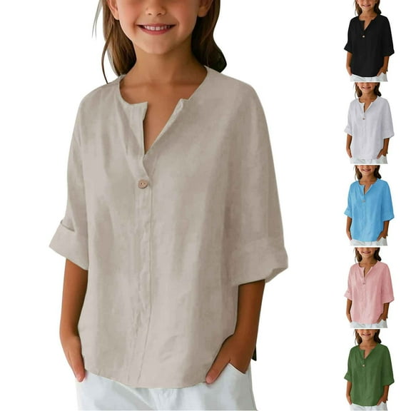 Girls Lightweight Shirts 5-14 Years Kids Tween Casual Leisure Tops Children Autumn Solid Color Linen 3/4 Length Sleeve V-Neck Baby Girl Clothes Loungewear Pink 11 Years