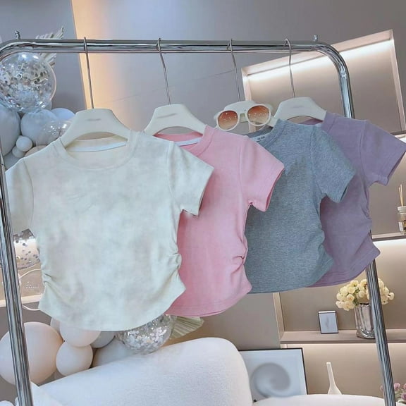 Girls Summer Blouse Tops 2-13 Years Lightweight Blouse Raglan Base Shirts Summer Solid Color Short Sleeve Crew Neck Baby Girl Clothes Pink 2 Years