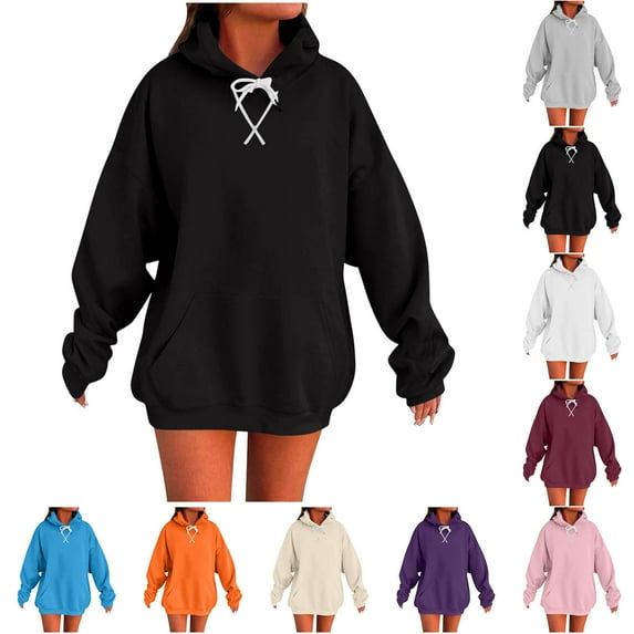 Bmawag Hooded Sweatshirt for Women Casual Plus Size Long Sleeve Solid Color Tops Women's Casual Loose Pullover Blouse with Pocket Purple XXL