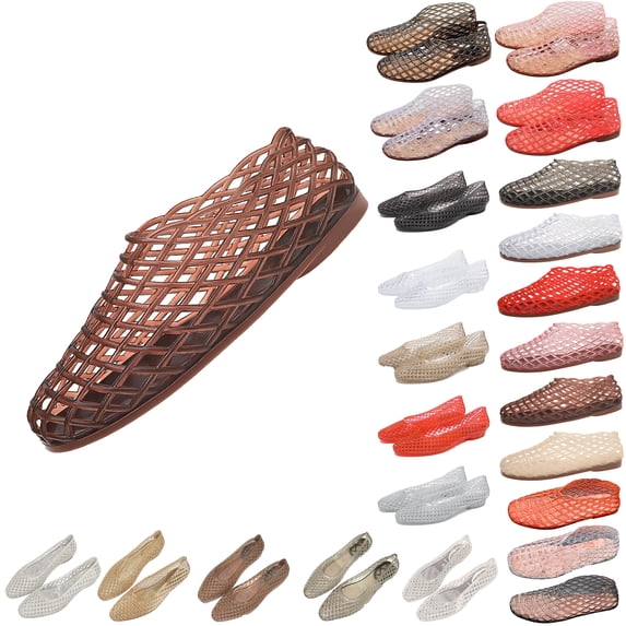 Bmawag Jelly Flat Sandals for Women Lightweight Round Toe Slip-On Hollow Breathable Jelly Mesh Flats