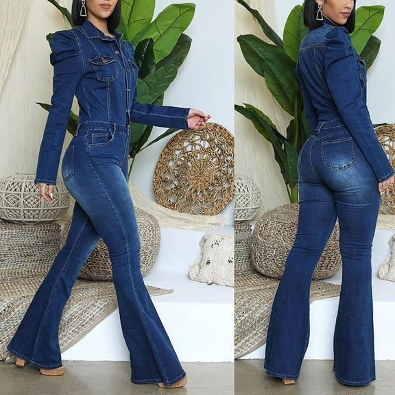 Bmawag Jumpsuits for Women Fashion Bib Pants Overalls Baggy Rompers Women's Fashion Jeans Pockets Casual Slim Jumpsuit Flared Trousers Plus Size Overalls Women