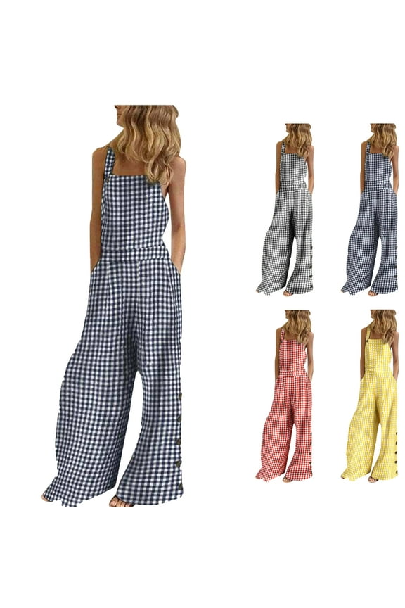 Jumpsuits for Women Summer Boho Plus Size Sleeveless Wide Leg Rompers & Overalls Casual Loose Plaid Print Summer Wide Leg Bib Linen Pants
