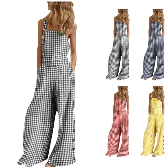 Bmawag Jumpsuits for Women Summer Boho Plus Size Sleeveless Wide Leg Rompers & Overalls Casual Loose Plaid Print Summer Wide Leg Bib Linen Pants