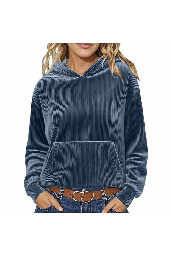 Ladies Tops and Blouses Long Sleeve Hooded Solid Color Plus Size Pullover Shirts Womens Corduroy Tops Casual Loose Blouses with Pocket Gifts for Women Dark Blue L