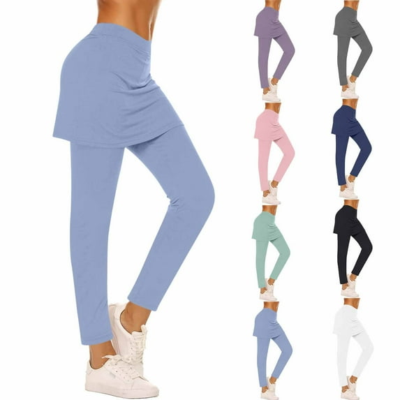 Bmawag Legging for Women with Skirt with Pockets Plus Size Leisure Sport Yoga Pants Elastic Waist Casual Slim Fit Solid Color Long Pants for Women Gray S