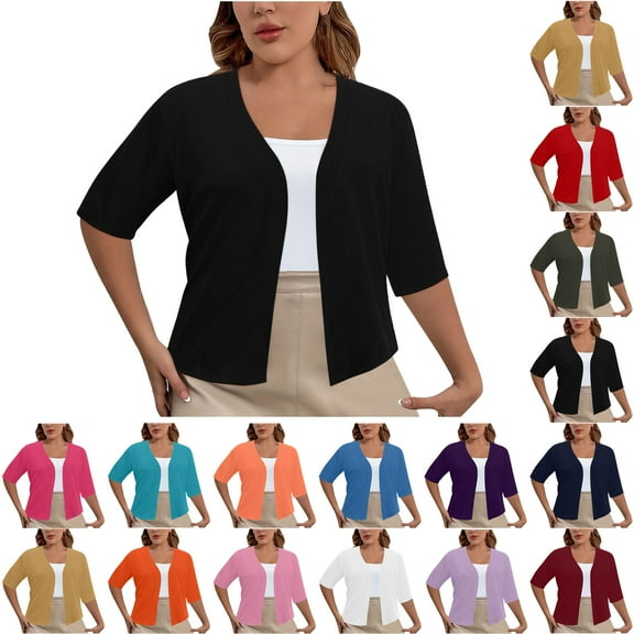 Bmawag Lightweight Cropped Cardigan for Women Plus Size Solid Color Casual Loose Open Front Elbow Length Sleeve V-Neck Cardigan Tops Black XXL