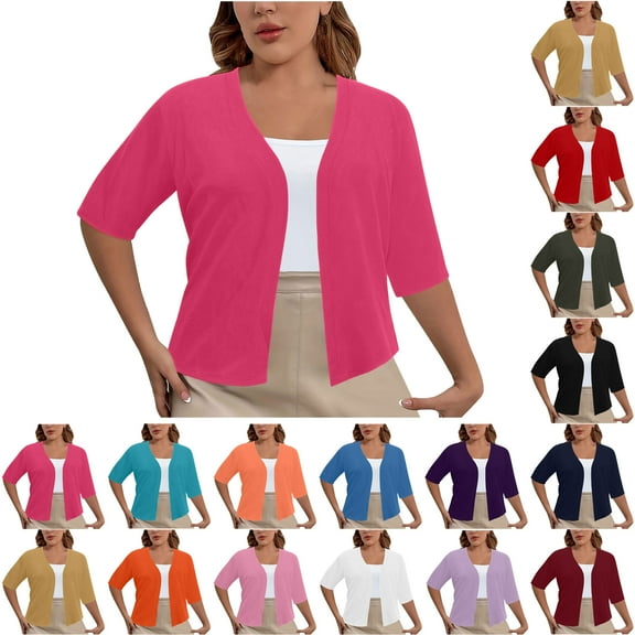 Bmawag Lightweight Cropped Cardigan for Women Plus Size Solid Color Casual Loose Open Front Elbow Length Sleeve V-Neck Cardigan Tops Hot Pink XXL