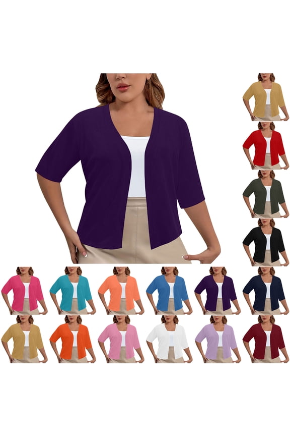 Lightweight Cropped Cardigan for Women Plus Size Solid Color Casual Loose Open Front Elbow Length Sleeve V-Neck Cardigan Tops Purple 3XL