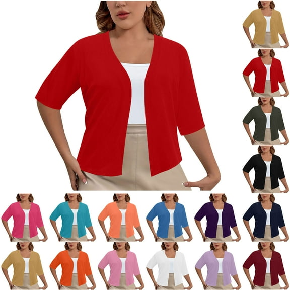Bmawag Lightweight Cropped Cardigan for Women Plus Size Solid Color Casual Loose Open Front Elbow Length Sleeve V-Neck Cardigan Tops Red 5XL