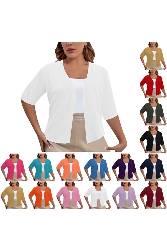 Lightweight Cropped Cardigan for Women Plus Size Solid Color Casual Loose Open Front Elbow Length Sleeve V-Neck Cardigan Tops White 3XL
