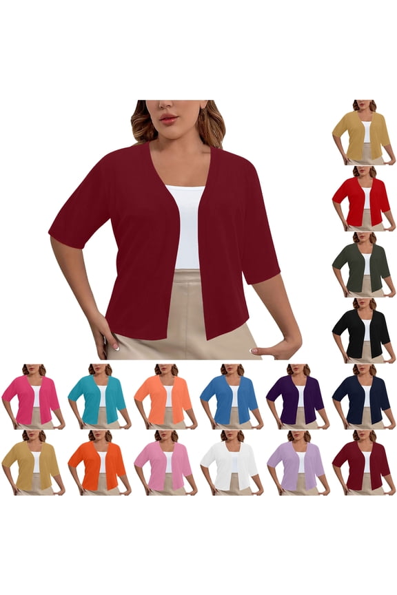 Lightweight Cropped Cardigan for Women Plus Size Solid Color Casual Loose Open Front Elbow Length Sleeve V-Neck Cardigan Tops Wine 4XL