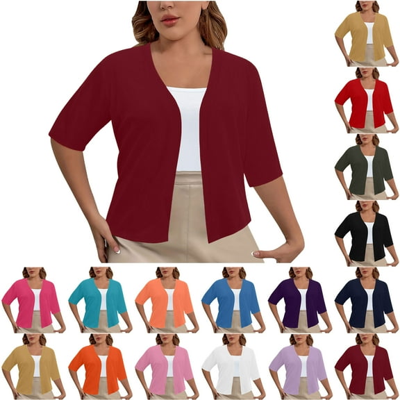 Bmawag Lightweight Cropped Cardigan for Women Plus Size Solid Color Casual Loose Open Front Elbow Length Sleeve V-Neck Cardigan Tops Wine 5XL