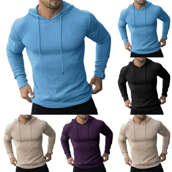 Bmawag Men Pullover Shirt with Hood Plus Size Long Sleeve Open Front Solid Color Men's Sweatshirts Casual Sport Blouse Lightweight Shirt Black L