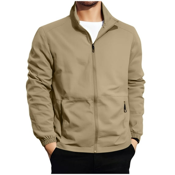 Bmawag Men's Casual Windproof Jacket Hooded Waterproof Big and Tall Men's Solid Color Raincoats Windbreakers with Pockets for Sport Outdoor Hiking Gift for Men Khaki L