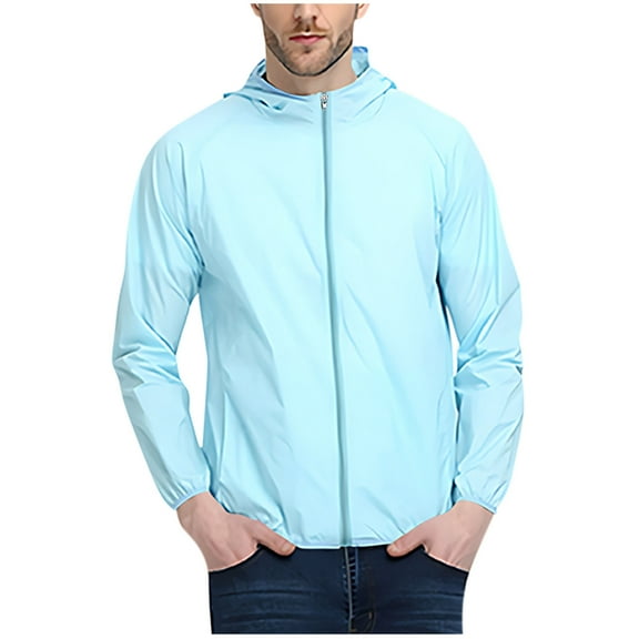 Bmawag Men's Lightweight Sun Protection Jacket Hooded Quick-Dry Big and Tall Men's Solid Color Raincoats Windbreakers with Zipper Pockets for Sport Outdoor Hiking Gift for Men Sky Blue 3XL