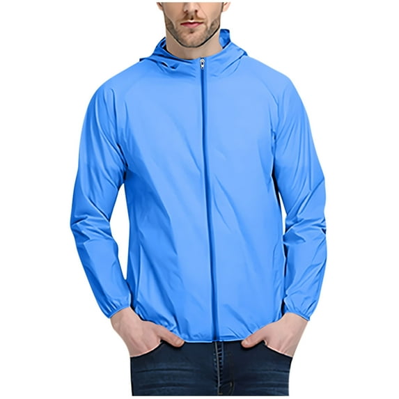 Bmawag Men's Lightweight Sun Protection Jacket Hooded Quick-Dry Big and Tall Men's Solid Color Raincoats Windbreakers with Zipper Pockets for Sport Outdoor Hiking Gift for Men Blue XXL