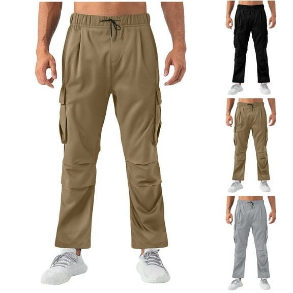 Bmawag Men's Pants Casual Camping Fishing Running Athletic Active Jogger Pant Elastic Waist Drawstring Casual Loose Fit Solid Color Trousers Men's Long Pants with Pockets Khaki S
