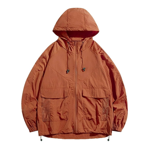 Bmawag Men's Sun Protection Jacket Hooded Waterproof Windproof Big and Tall Men's Solid Color Raincoats Windbreakers with Pockets for Sport Outdoor Hiking Gift for Men Orange 4XL