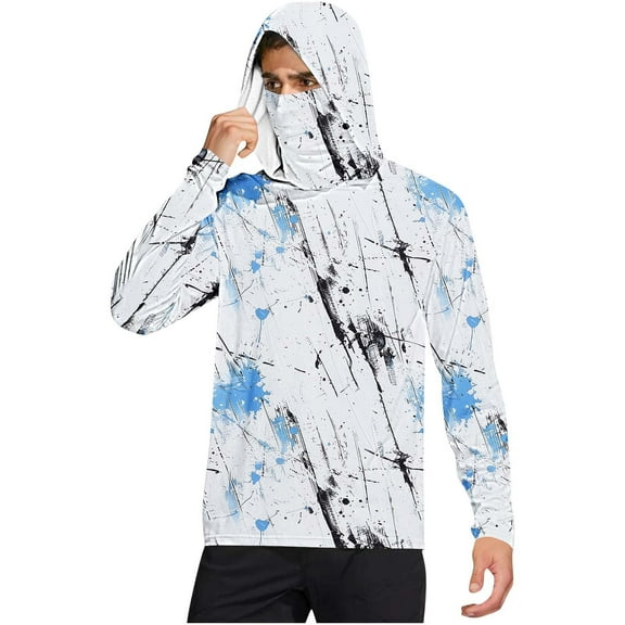 Bmawag Men's Sun Protection Shirts Summer Casual Loose UFP50  Sun Protective Lightweight Outdoor Hiking Printed Long Sleeve Plus Size Blouse Tops with Mask Hooded Gift for Men White M
